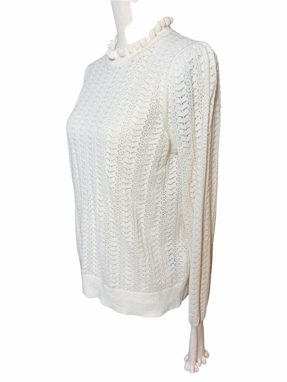 Boden Tia Pointelle Frilled Jumper Sweater Ivory Cream Knit Size Medium - Picture 4 of 8